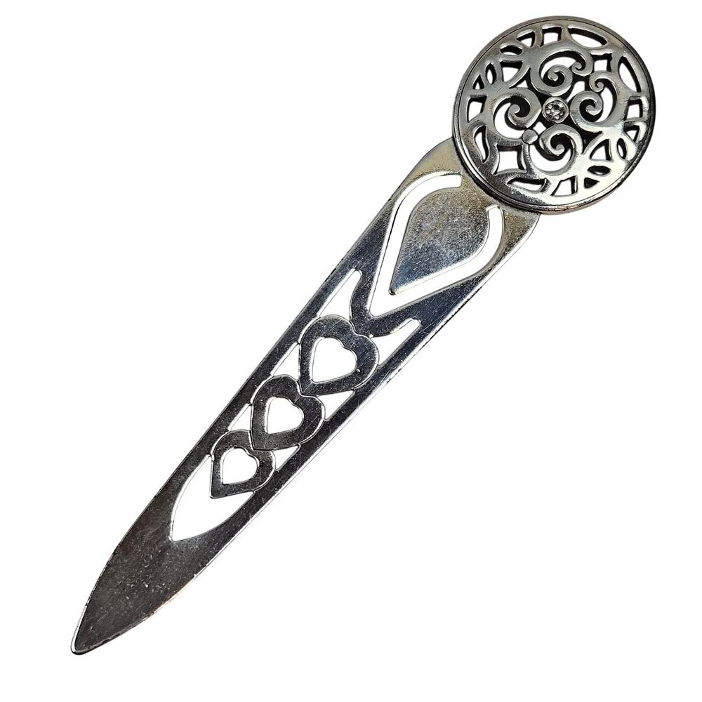 VTG Brighton Silver Finish Cutout Heart Book Mark Filigre Top with Clear Crystal